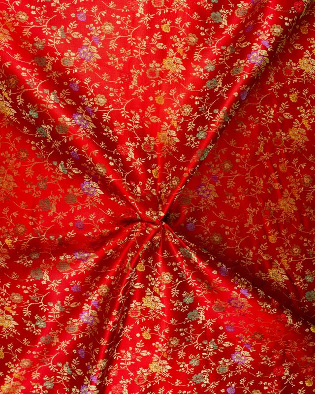 Satin jacquard fleurs sur fond Rouge - Tissushop